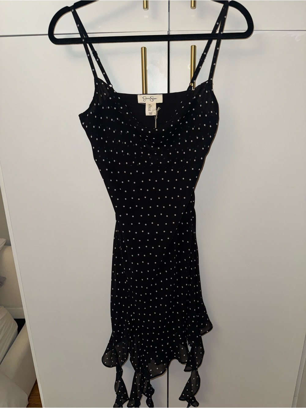 Black Polka Dot Slip Dress with Ruffle Hem